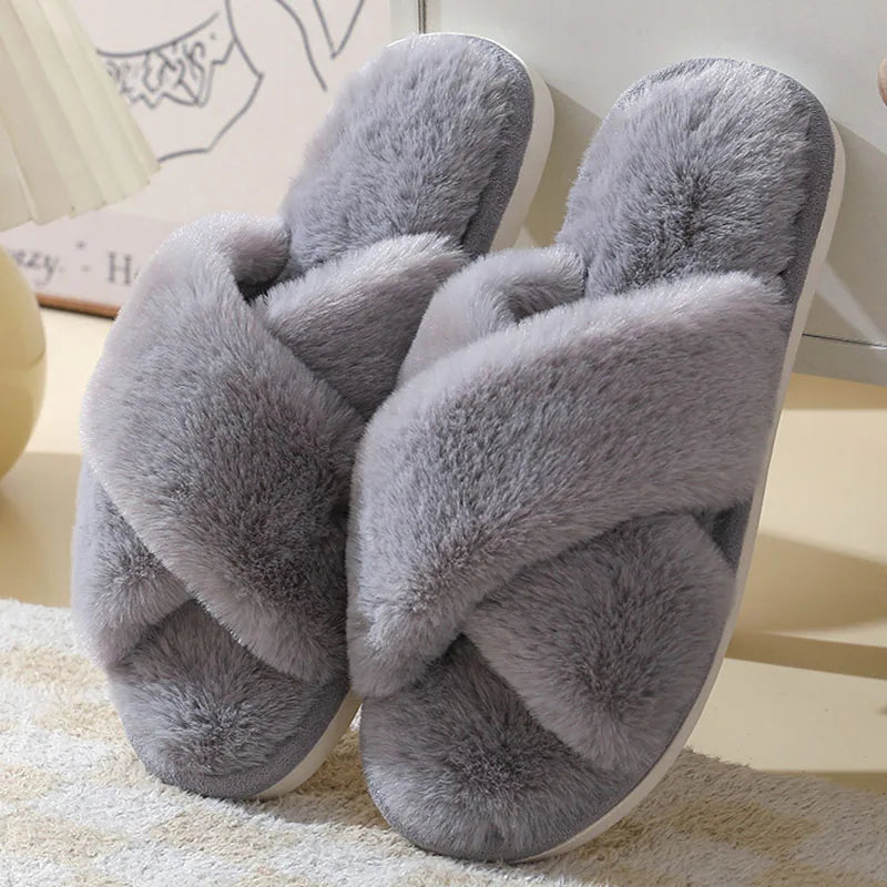 LBSFY  -  Fashion Cross Strap Fur Slippers Women Comfort Soft Long Plush Winter House Slides Woman Peep Toe Faux Fur Warm Cotton Slippers