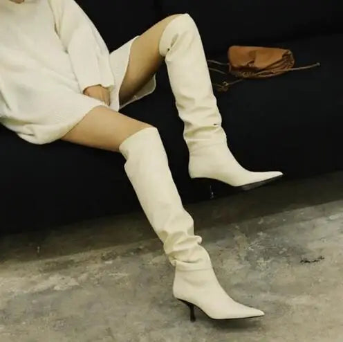 LBSFY  -  New Black White Solid Leather Strange Heels Tube Slip On Knee High Boots Women Fashion Pointed Toe Long Botas Shoes Size 45