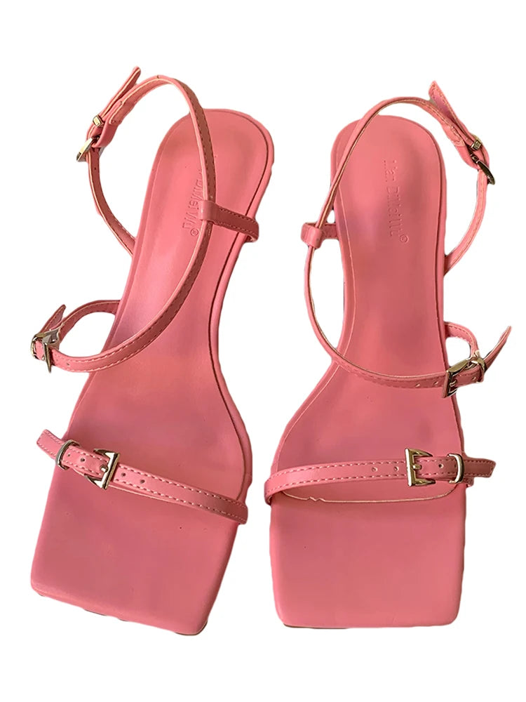 LBSFY  -  Women's Shoes Sandals Square Toe Slim Heels 2024 Summer New Open Toe, One Line Buckle High Heels