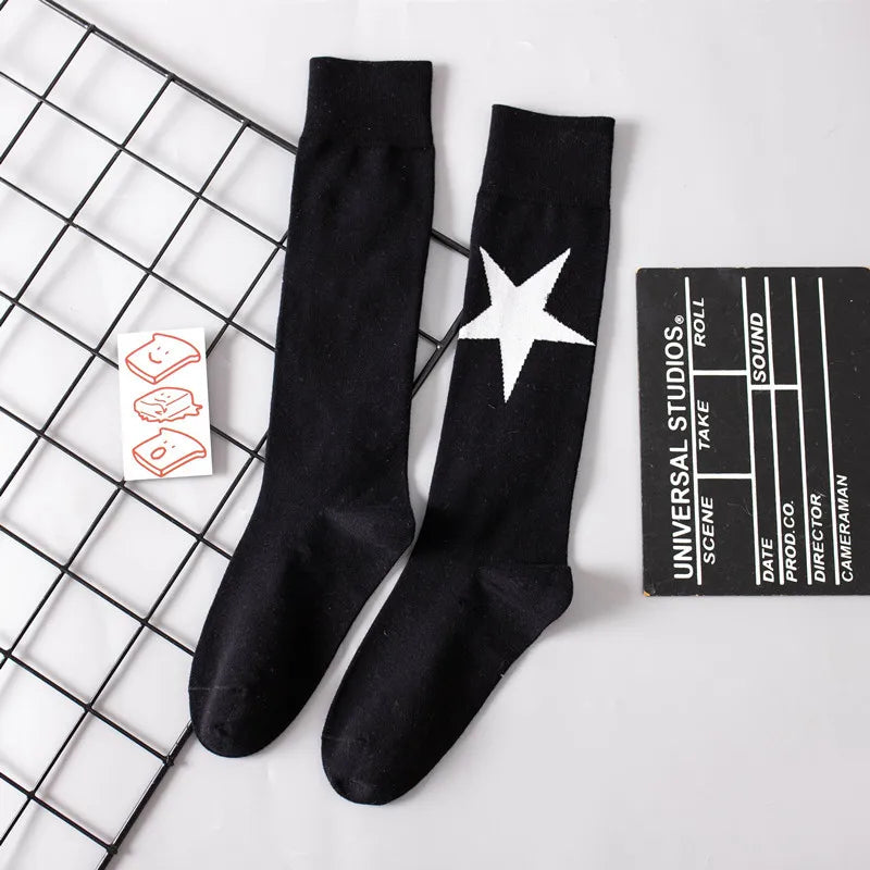Lbsfy Women's Socks Cotton Spring Autumn Winter Black White Harajuku Korean Streetwear Socks Star Print Long Stockings Knee-high Socks