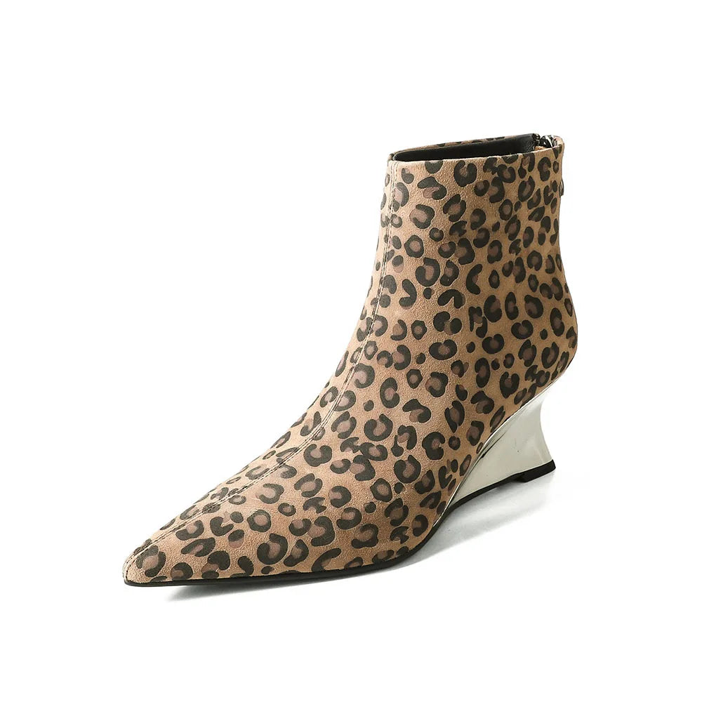 LBSFY  -  New Leopard Print Wedge Heel Short Boots~Pointed Stitched Zipper High Heels Elegant Fashion Boots Sheep Suede Women's Boots