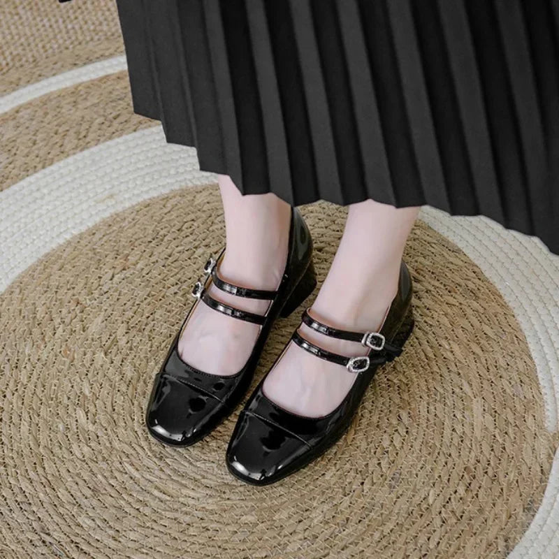 LBSFY  -Women's Fashion Mary Janes Shoes Autumn Sliver Leather Buckle Mid-heels Dress Shoes Women Square Toe Shallow Chunky Heels Shoes