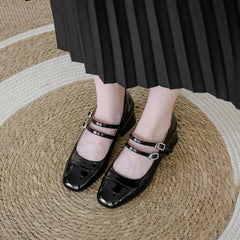 LBSFY  -Women's Fashion Mary Janes Shoes Autumn Sliver Leather Buckle Mid-heels Dress Shoes Women Square Toe Shallow Chunky Heels Shoes