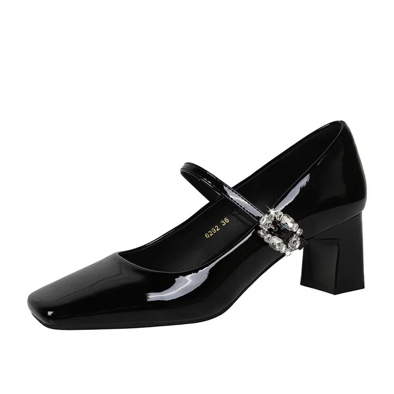 LBSFY -Banquet Mary Jane Women Single Shoes Square Toe Light Mouth Patent Leather One-Striped Rhinestone Buckle Thick Heel Medium Heel