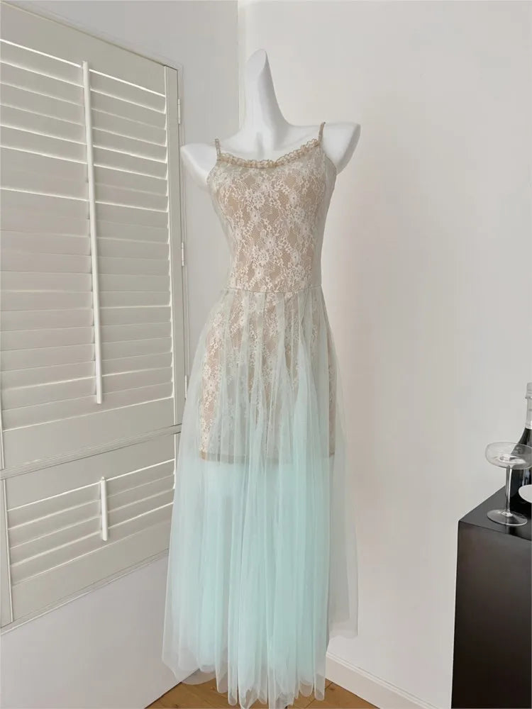 LBSFY -Summer Lace Mesh Elegant Spliced Sling Dresses For Woman 2025 Sexy Zipper New Fashion Evening Party Prom Long Dress 2025 Vestido