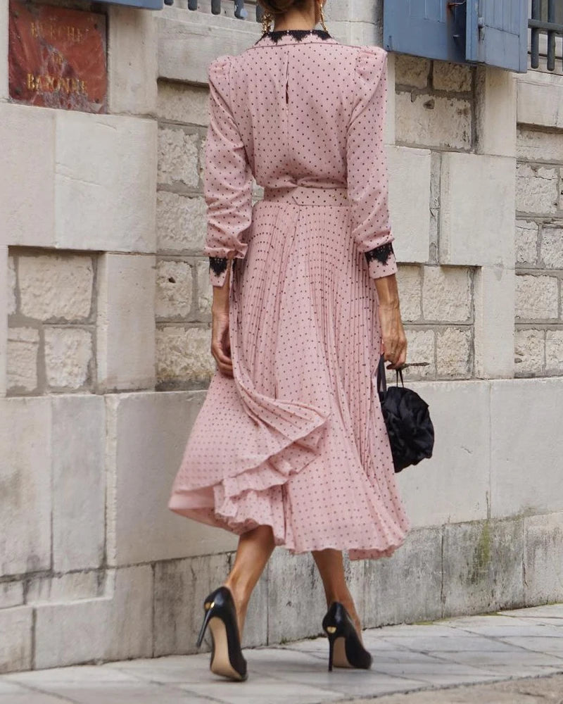 LBSFY  -   V Neck Long Sleeve Elegant Dress Dot Printing Ankle Length Dresses Women A Line Elegant Dresses Women