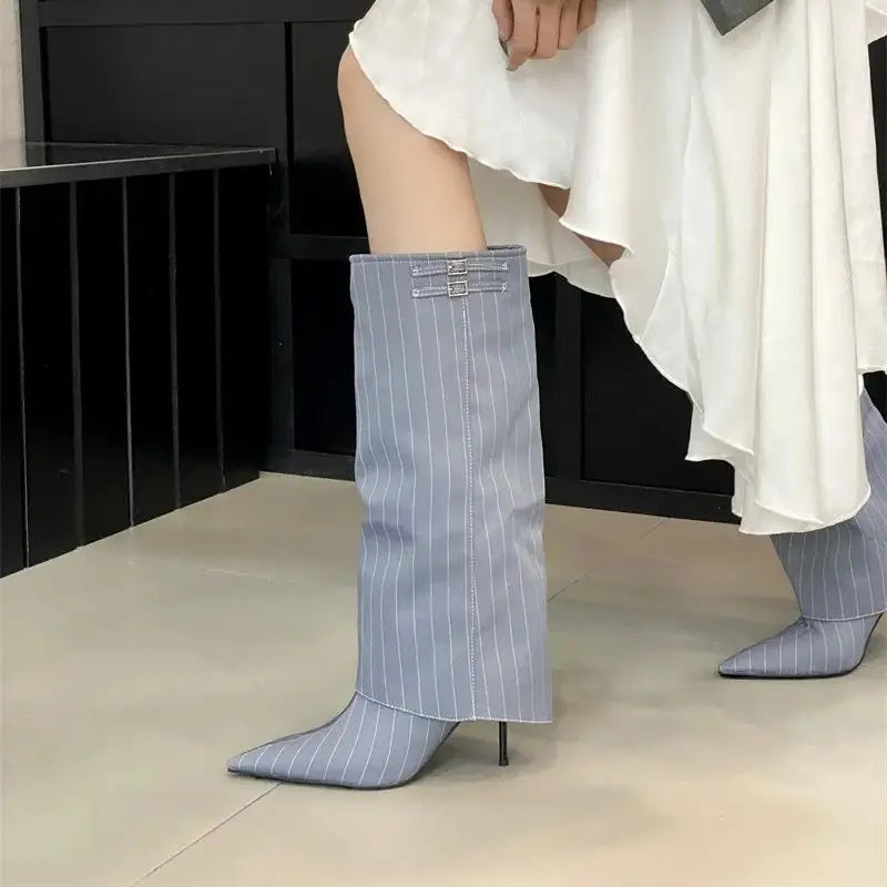 LBSFY  -   Women Knee High Boots Thin Heel Denim Point Toe Winter Retro Shoes Botas Mujer