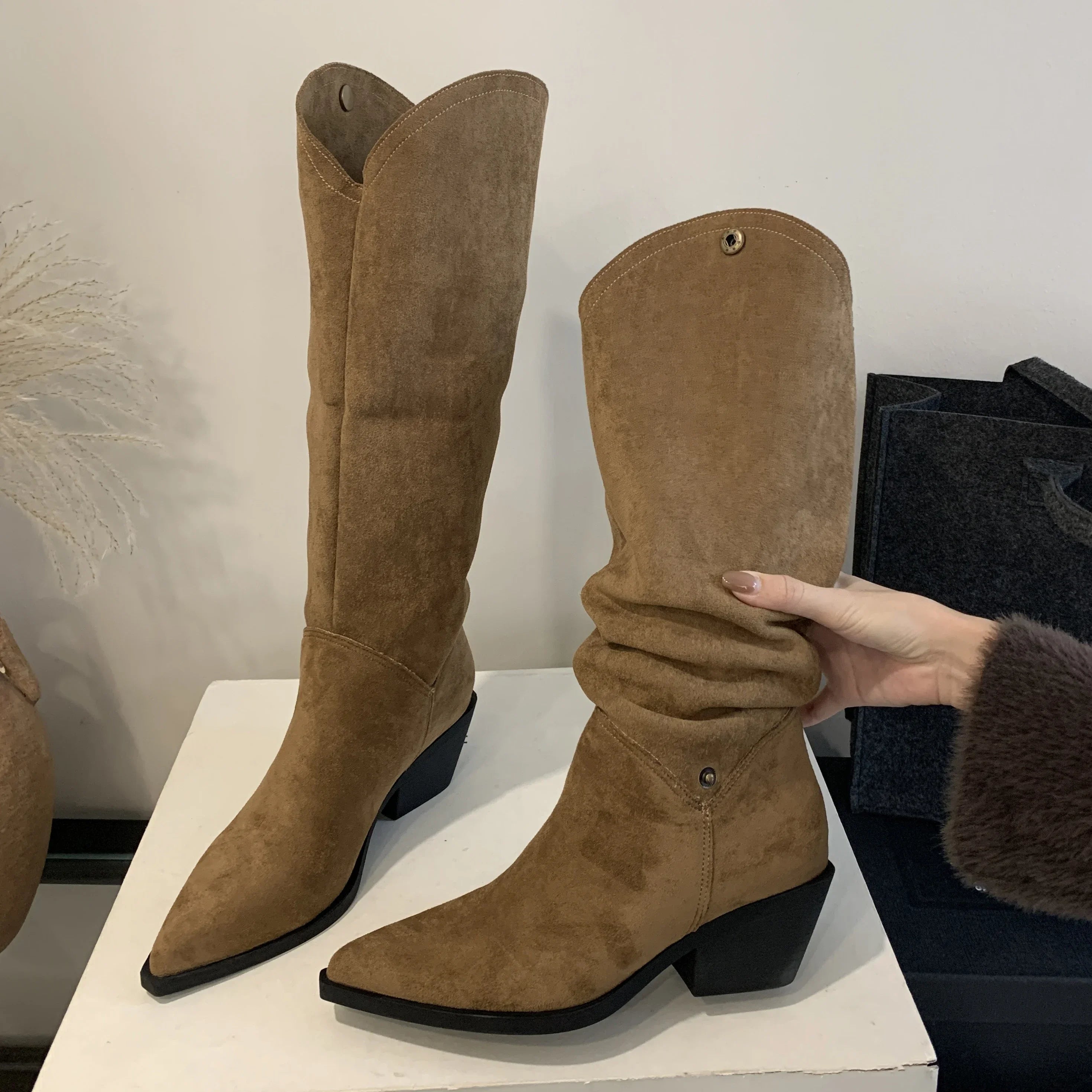 LBSFY -Retro Style Fold Button Women Knee-High Boots Fashion Pointed Toe Square Low Heels Casual Dress Ladies Shoes