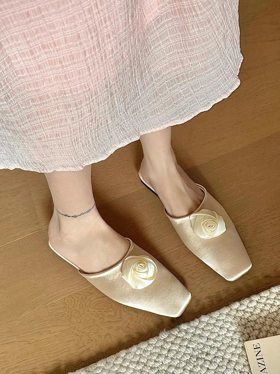 LBSFY  -  Square Toe Women Slippers Black Beige Flower Design Summer Outside Mules Shoes 2025 New Flat Low Heeled Casual Work Shoes Woman