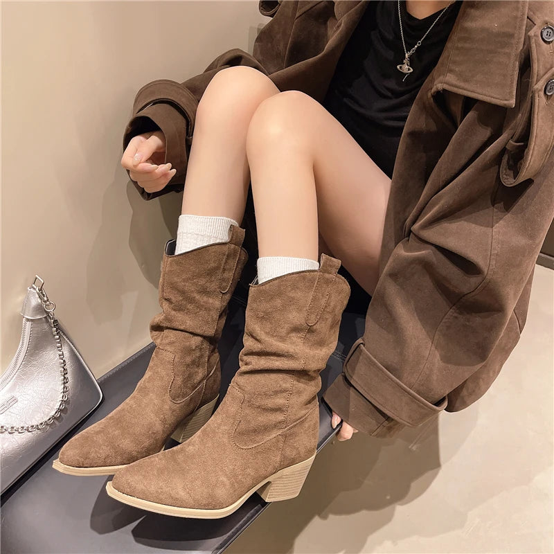 LBSFY -New Style Fashion Women's Mid-calf Boots Women Winter Ethnic Rivet Tassel Boots Woman Suede Pointed Thick Heel Shoes Boots