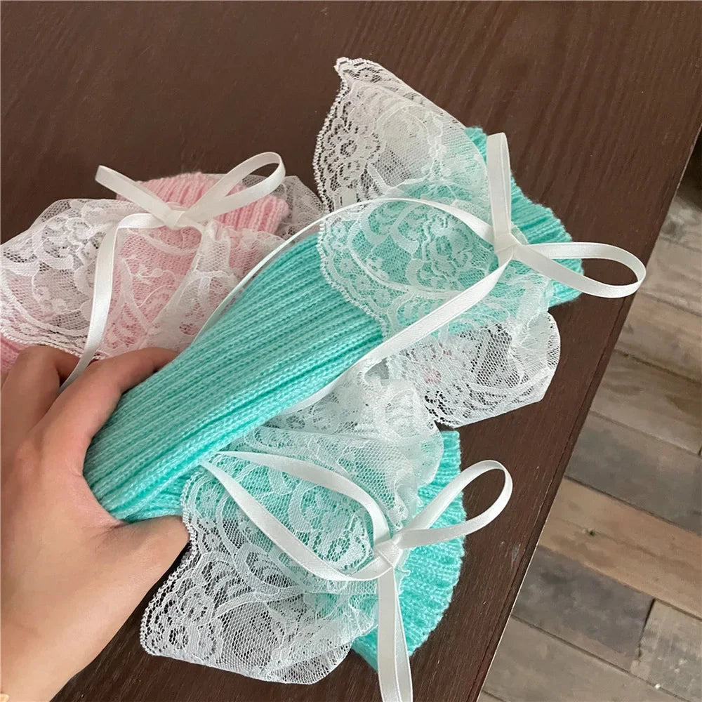 Lbsfy Japanese JK Lolita Girls Bow Streamer Leg Socks Knitted Lace Leg Cover Pile Socks Japanese Y2K Leg Warmers Accessories