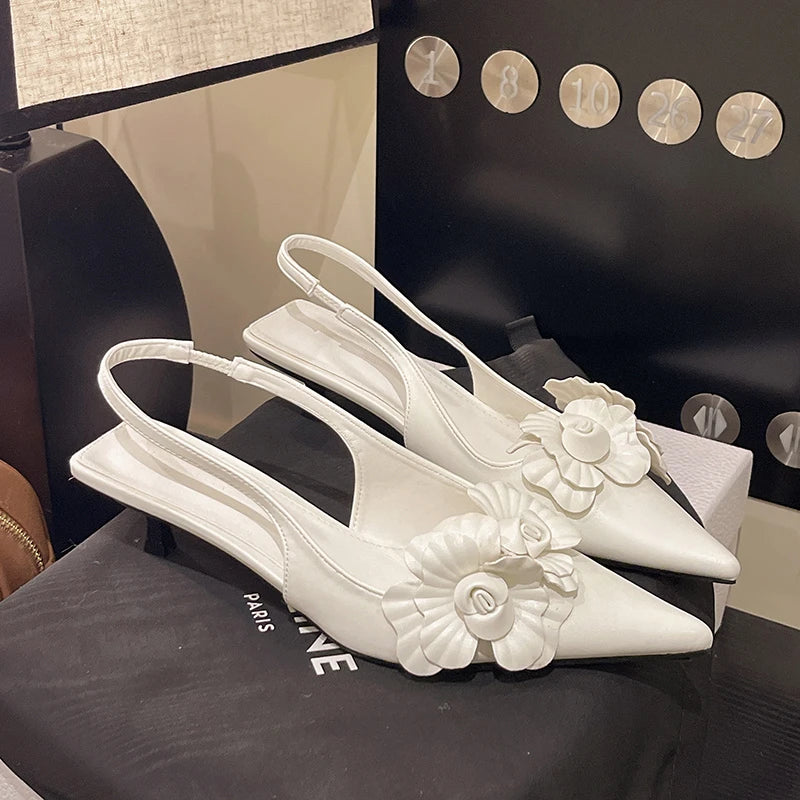 LBSFY -New Style Luxury Women's Mule Shoes Summer Fashion High Heel Flower Sexy Pointed Ladies Casual Outdoor Shoes Sweet White Sandals
