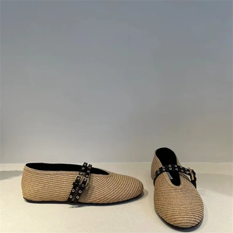 Lbsfy Hand Knitting Buckle Strap Women Ballet Flats Shoes Solid Color Casual Women Mary Janes Shoes Breathable Round Toe Loafers