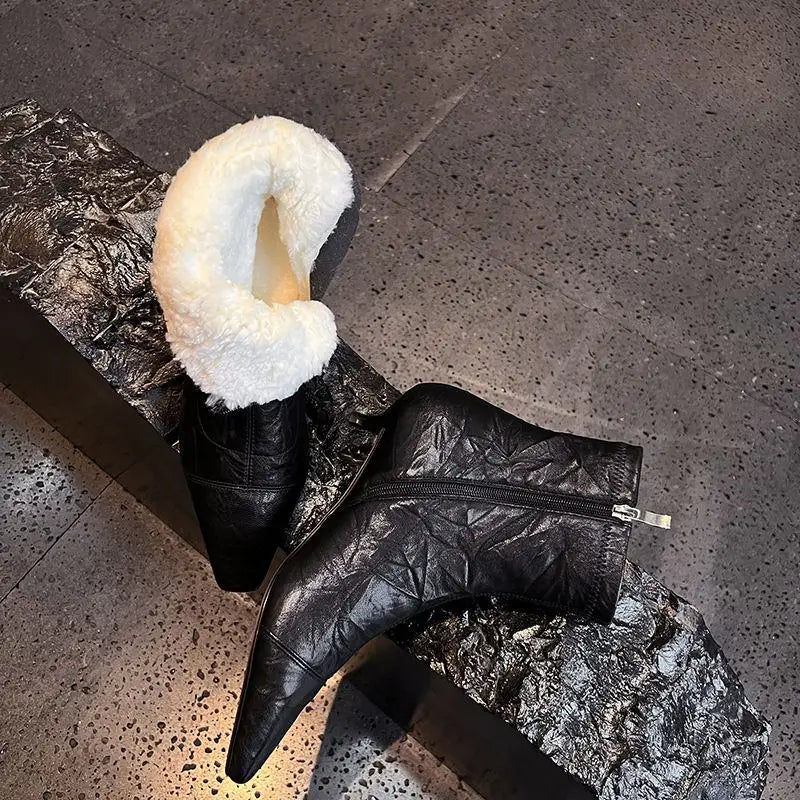 LBSFY  -  Plus Size 34-41 New Genuine Leather Boots Women Zipper Pointed Toe Mid Heels Autumn Winter Ankle Boos Wool Snow Boots