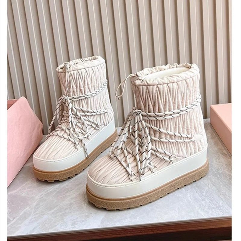 LBSFY  -  Women's Snow Boots 2024 New Pleated Big Head Short Boots Female Large Size Non-slip Platform Winter Shoes Women