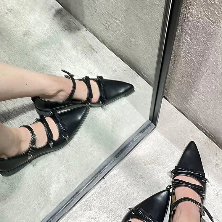 LBSFY  -  Japanese Metal Buckle Bow Mary Jane Shoes Sweet and Cool Pointed Leather Shallow Mouth Flat Sole Single Shoes for Women