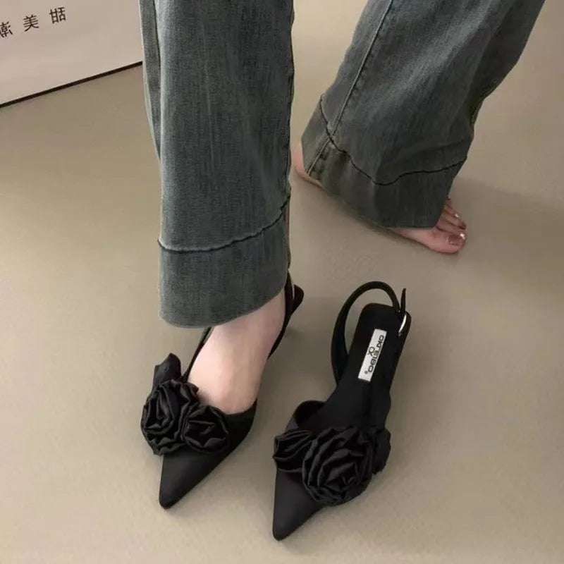 LBSFY -New Brand Women Sandal Fashion Flower Ladies Elegant Dress Slingback Shoes Thin Low Heel Dress Mules Pumps