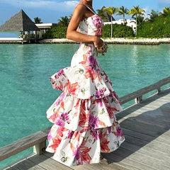 LBSFY  -  2 Piece Set Women Summer Elegant Floral Printed Sleeveless High Waist Vest Top Loose Cascade Long Skirt Sets Streetwear