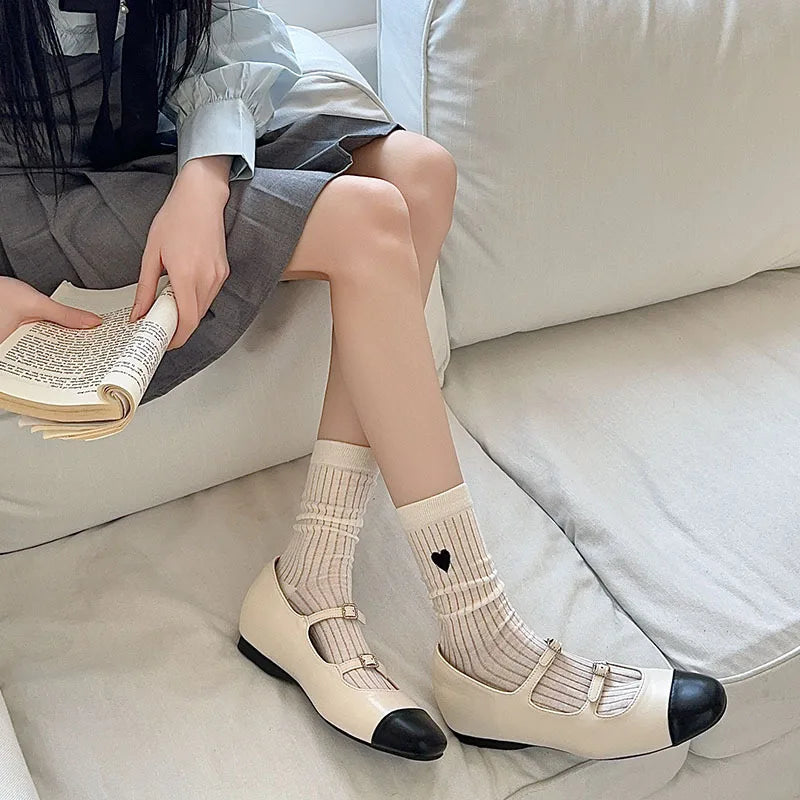 Lbsfy Women Socks Cotton Female Japanese Sweet Style Love Embroidered Mid-tube Spring Summer Thin Cute Girls Solid Color Stripe Socks