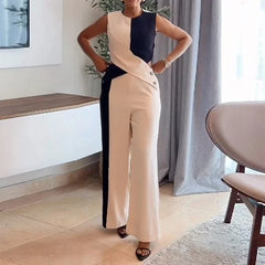 LBSFY  -  Women Jumpsuit Summer Fashion Solid Color Stitching Round Neck Sleeveless Button Hollow Wide Legs Pants Romper Streetwear