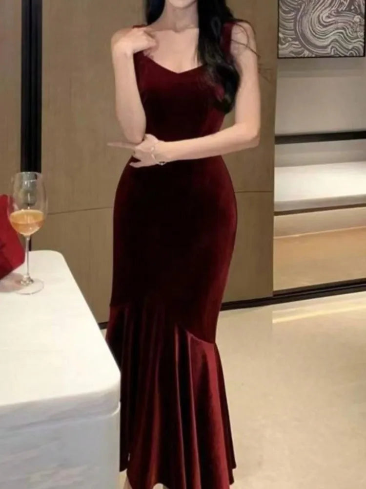 LBSFY -Vintage Elegant Wine Red Long Mermaid Dresses Fashion Women's V-Neck Solid Slim Waist Evening Party Sling Robe New 2025 Summer