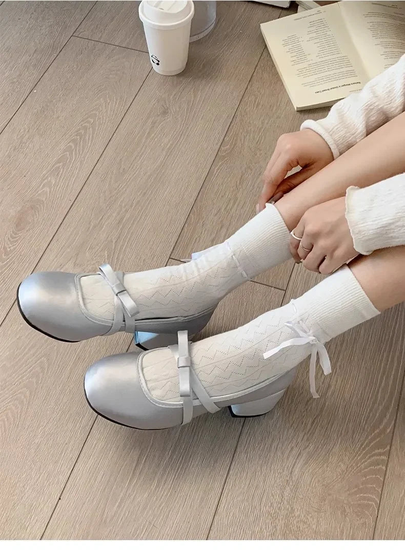 LBSFY -Women Chunky Heel Shoes New  Fashion Bowknot Strap Mid Heels Women Mary Jane Shoes Dress Shallow Mouth Ladies Ballet Shoes