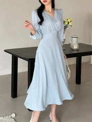 LBSFY -Korean Solid Midi Dresses for Women Fashion V-neck Long Sleeve A-line Solid Casual Dress Office Lady Clothing 2024 Autumn New