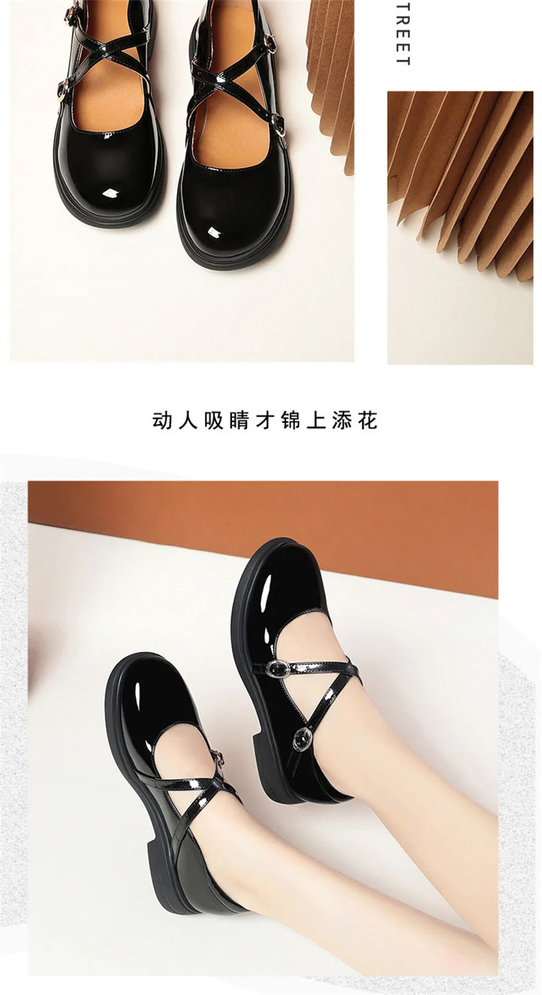 LBSFY -Spring Versatile Breathable Women Mary Jane Shoes Low Heel Buckle Strap Round Toe  Party Dance Soft Leather Single Shoes