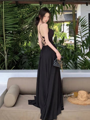 LBSFY -Women's Sexy Backless Elegant Dresses V-Neck Sleeveless Slim Waist Lace Up Strap Long Dress Summer Prom Female Clothes Outfits