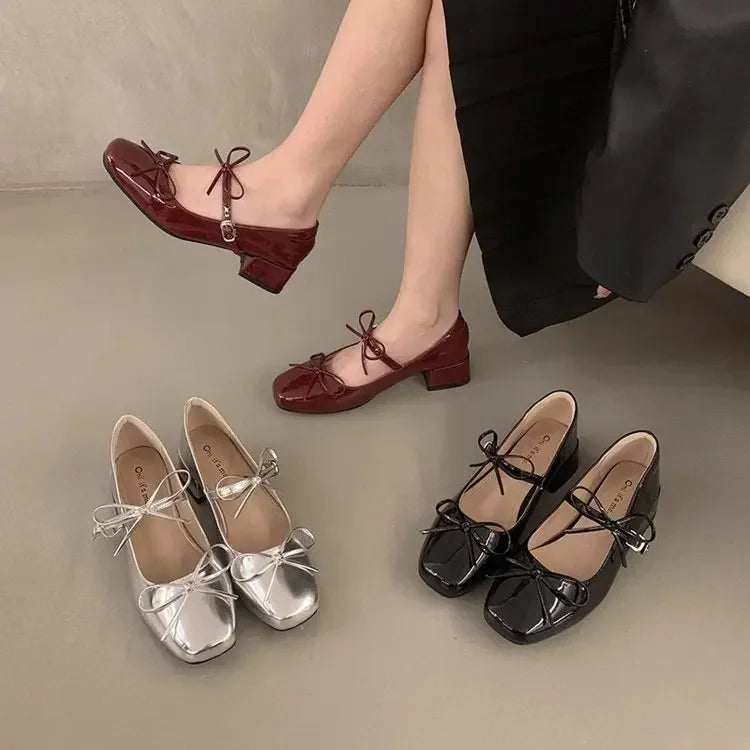 LBSFY -French Elegant Butterfly Knot Thick Heel Mary Janes 2025 New Style for Evening Wear Red Women's Single Shoes Casual Loafers