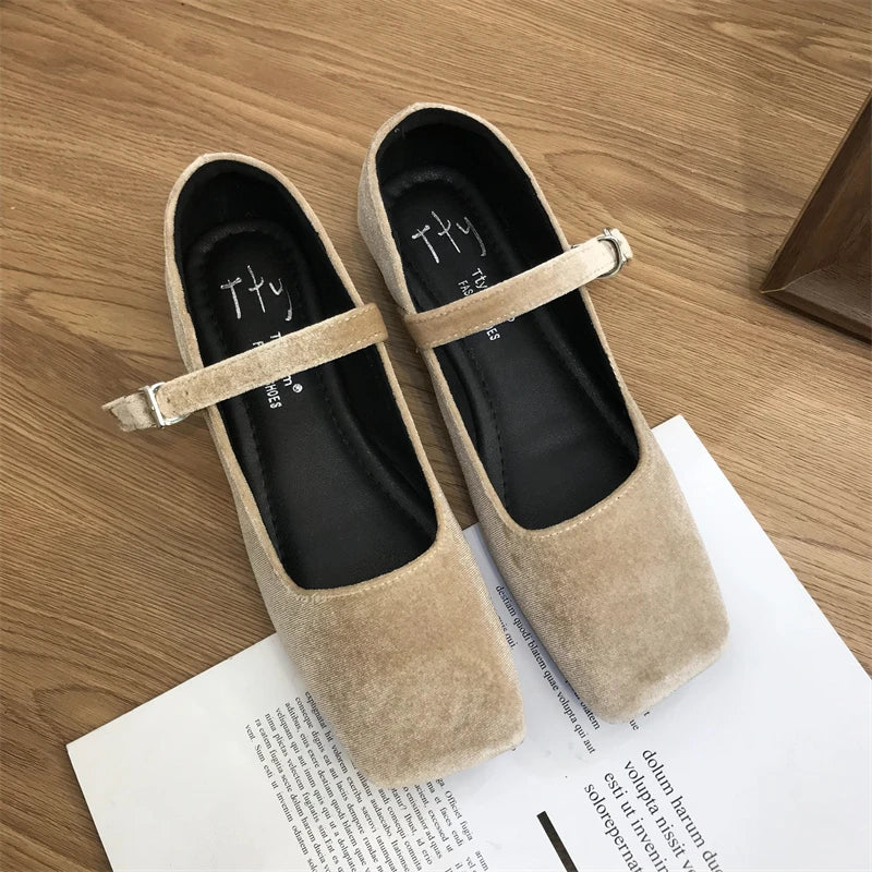 LBSFY -Fashion Women's Velvet Flats Ladies Square Toe Shallow Buckle Casual Ballet Shoes Slip-on Outdoor Mary Jane Shoes