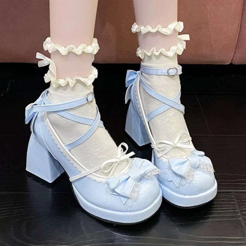 LBSFY -Spring/Autumn New Style Round Toe Square Heel Increased Fashion Elegant High Heel Women's Shoes Bow Decorated Mary Jane Shoes