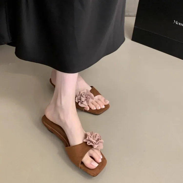 LBSFY -Women French Flowers Slippers Summer Slides Open Toe Flat Casual Shoes Leisure Sandal Female Vacation Beach Flip Flops