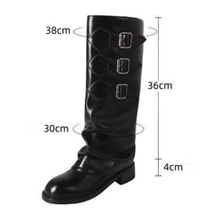 LBSFY  -  Round Toe Belt Buckle Thick Heel Boots Designer Winter Stitching Slip-On Shoes for Women Genuine Leather Knee-High Botas Mujer