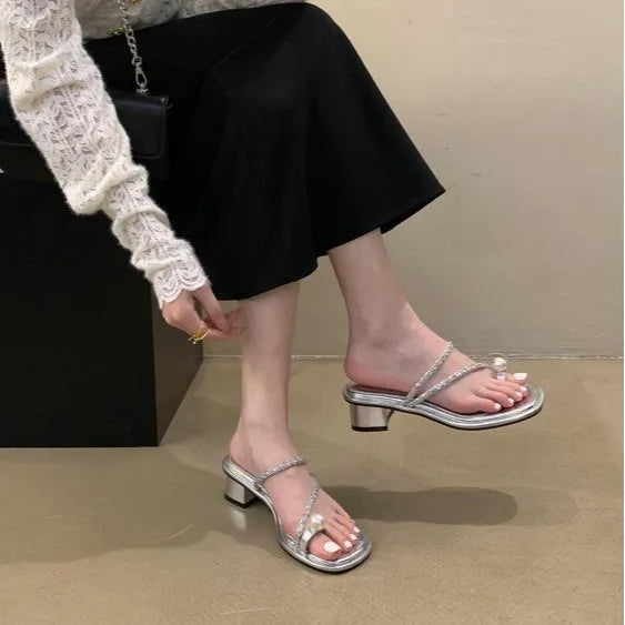 LBSFY  -  String Bead Slippers Casual Square heel Low Summer Women's Shoes Slides Rubber Flip Flops Med Pantofle Luxury Block Soft Hawaiia