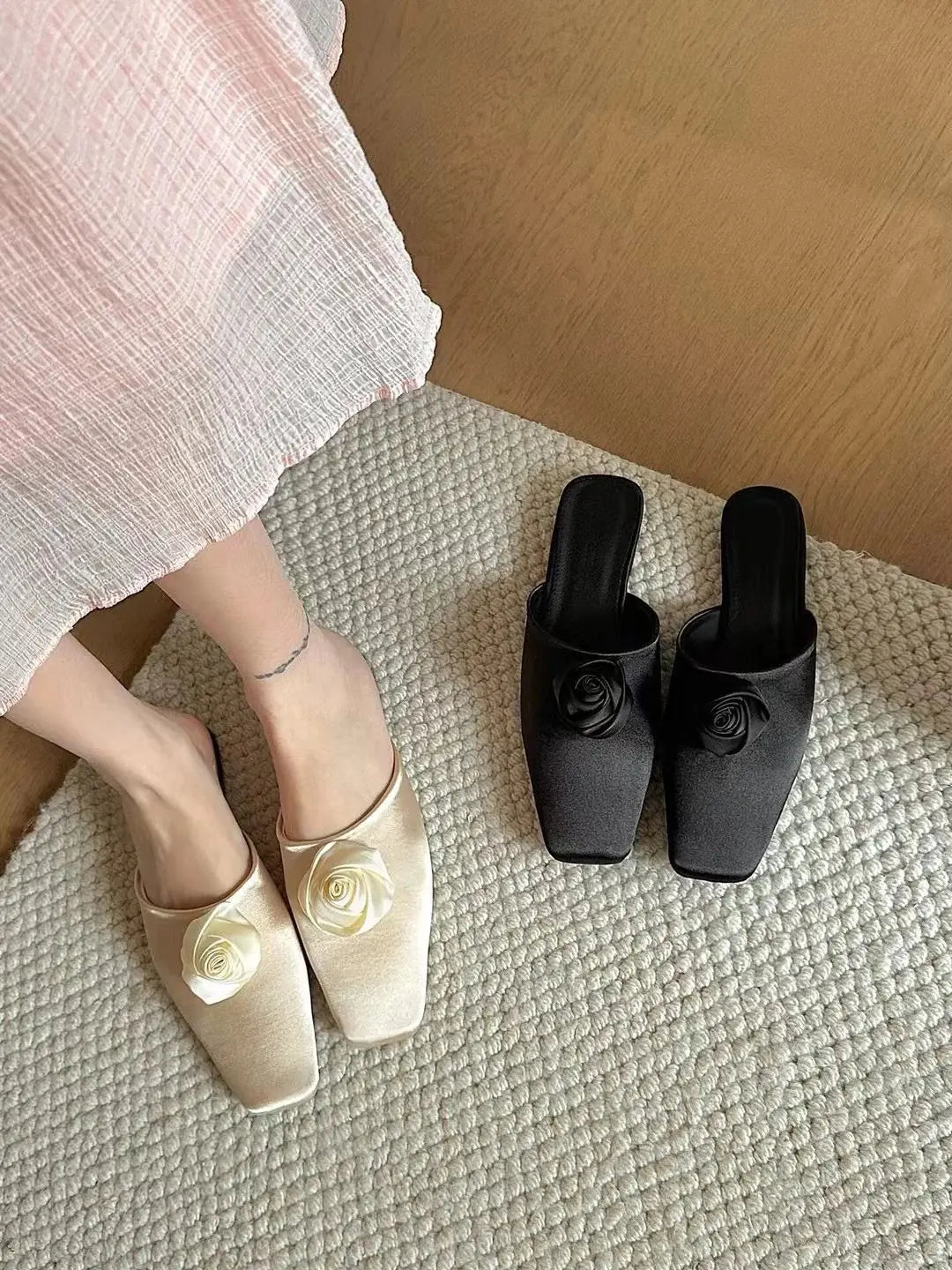 LBSFY  -  Square Toe Women Slippers Black Beige Flower Design Summer Outside Mules Shoes 2025 New Flat Low Heeled Casual Work Shoes Woman