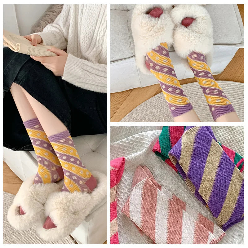 Lbsfy Winter Purple Series Socks for Women Fashion Double Needle Middle Tube Sock Commuter Trendy Geometric Socks Stripes Female Sox