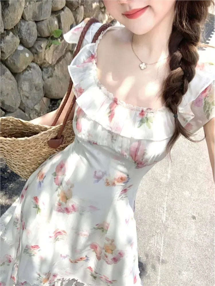 LBSFY -Fairy French Print Women's Dresses Roamntic Elegant Zipper Lace Up New Ruffles Slim Fit Folds Mejur Dress Summer Fashion Vestido