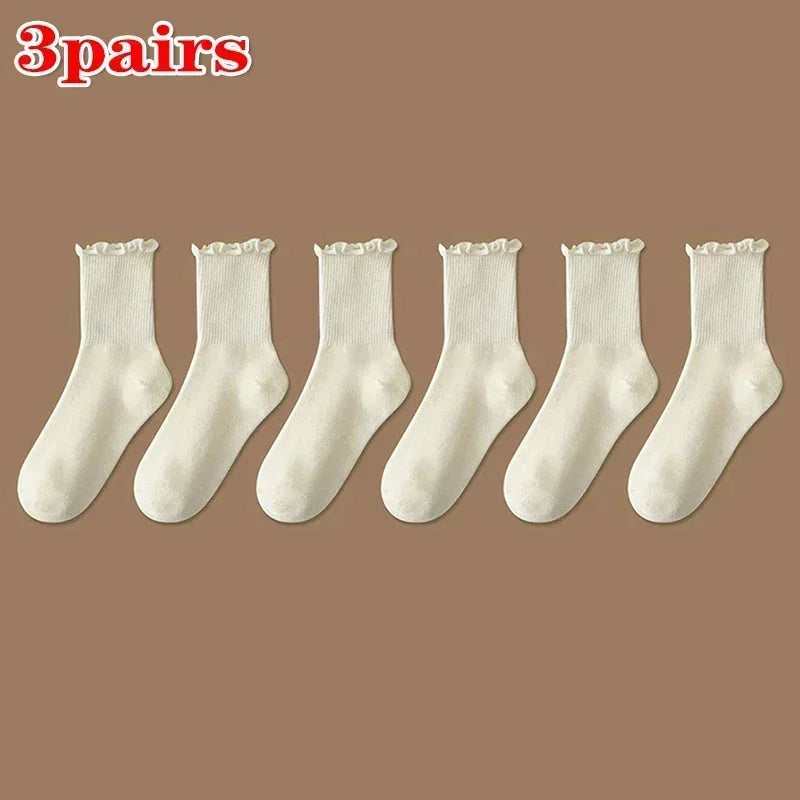 Lbsfy 1/3pairs Cute Cotton Ruffles Ankle Sock Women Autumn Black White Middle Tube Breathable Japanese Sock Lolita Kawaii Korean Stock