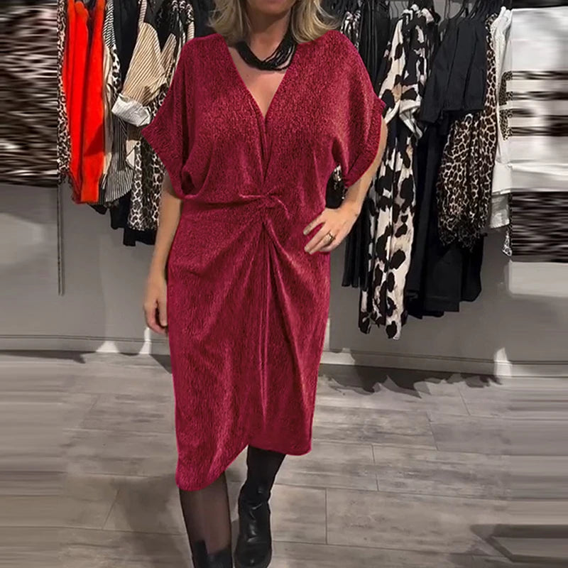 LBSFY  -  Women's Sexy V-neck Short Sleeve Midi Dress Elegant Twist Bright Silk Solid Party Dress Fashion Hight Waist Pleated A-Line Dress
