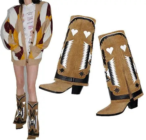 LBSFY  -  Burgundy White Brown Mixed Color Leather Eagle Star Heart Print Pointed Toe Square Med Heels Knee High Pants Boots Women Shoes