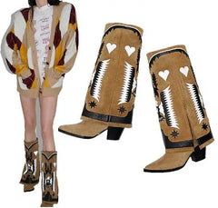 LBSFY  -  Burgundy White Brown Mixed Color Leather Eagle Star Heart Print Pointed Toe Square Med Heels Knee High Pants Boots Women Shoes