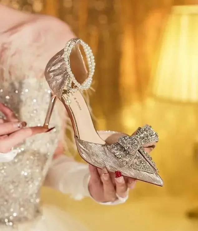 LBSFY -Spring Summer Fashion Pointed Toe Sandals Women's Rhinestone Pearl Butterfly Gold Silver High Heels Party Wedding Heeled Shoes