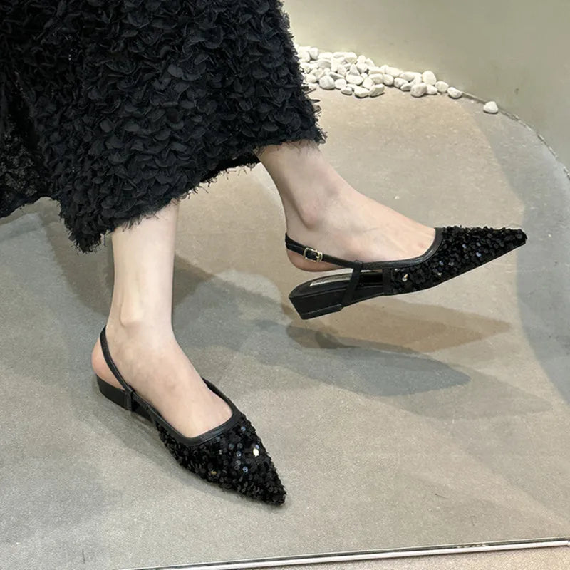 LBSFY  -  New Bling Women Sandals Fashion Pointed Toe Shallow Slip On Ladies Elegant Slingback Shoes Flat Heel Dress Shoes Mujer