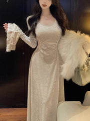 LBSFY -French Flare Sleeve Velvet Evening Dresses for Women Elegant Slim Waist Party Prom A-Line Vestidos Fashion Female Long Robe New