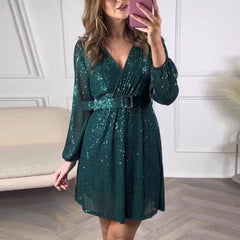 LBSFY  -  Fashion Sparkling Sequin Party Dress Elegant V-neck Lace-up Pleated A-Line Dress Women Casual Long Sleeve High Waist Short Dress