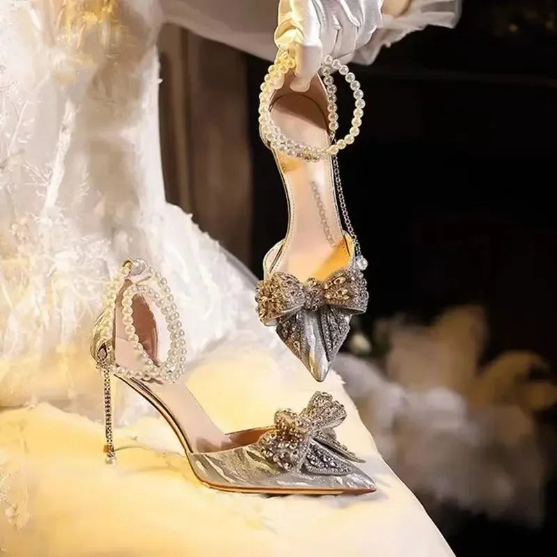 LBSFY -Spring Summer Fashion Pointed Toe Sandals Women's Rhinestone Pearl Butterfly Gold Silver High Heels Party Wedding Heeled Shoes