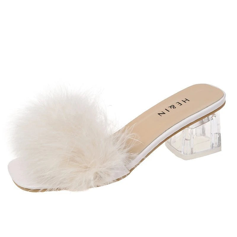 LBSFY -Fashion Slippers Women's Summer New Open Toe Plush Fox Fur Chunky with Flip Flops Sexy Home Banquet Square Toe Simple Pumps