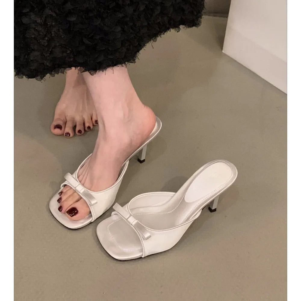 LBSFY -New Women's Slipper Mules Low High Heels Shoes Summer Best Street Look Females Square Head Open Toe Bow Strappy Sandals