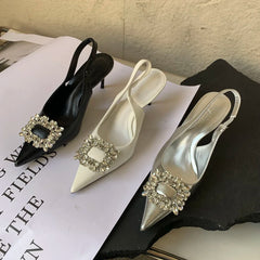 LBSFY  -  Pointed Toe Women Sandals Thin High Heels Back Strap Rhinestone Crystal Buckle Black White Silver Summer Stiletto Party Pumps 39